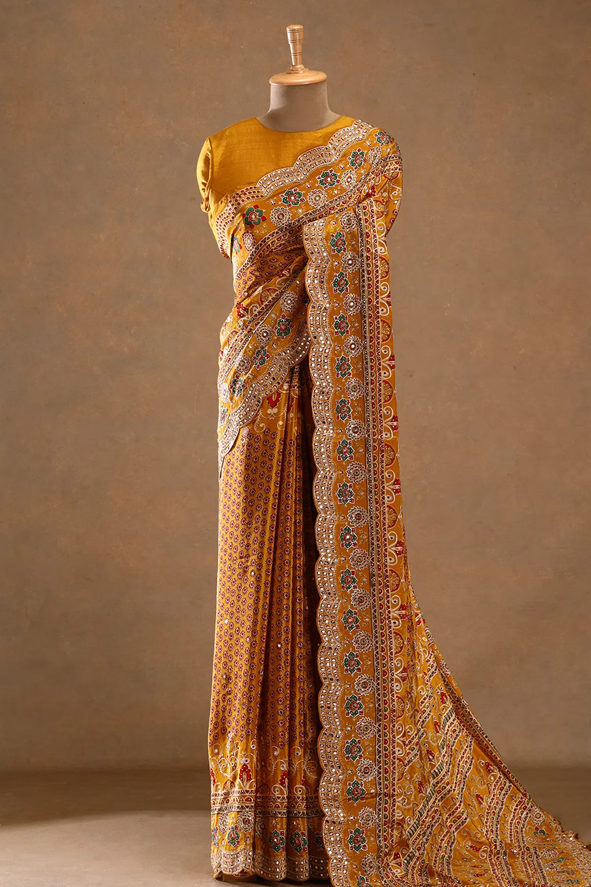 Chrome yellow printed crepe saree